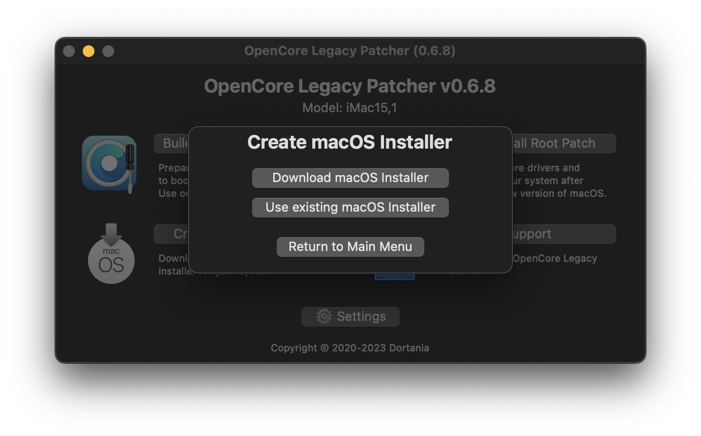 OCLP-GUI Menü zur Installer-Erstellung