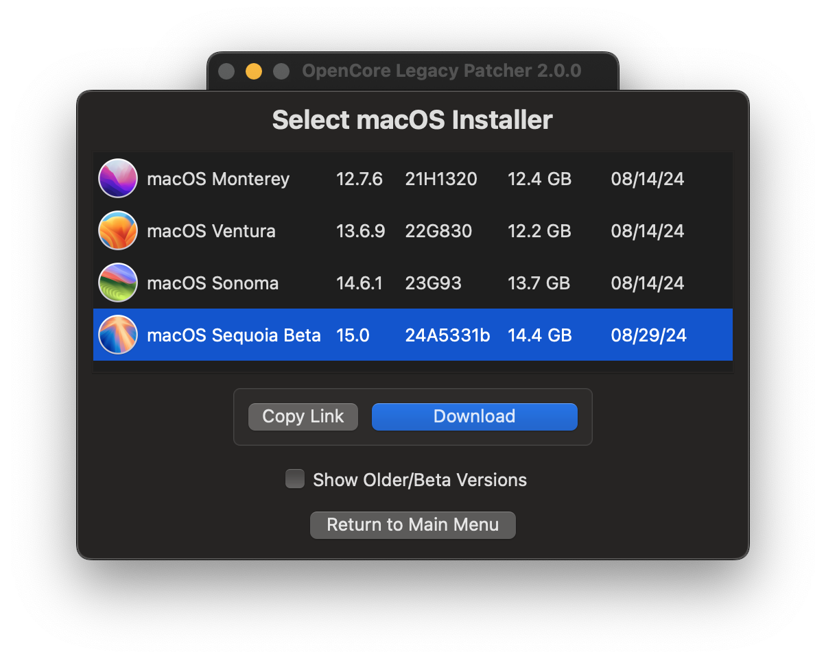 OCLP-GUI Liste verfügbarer Installer
