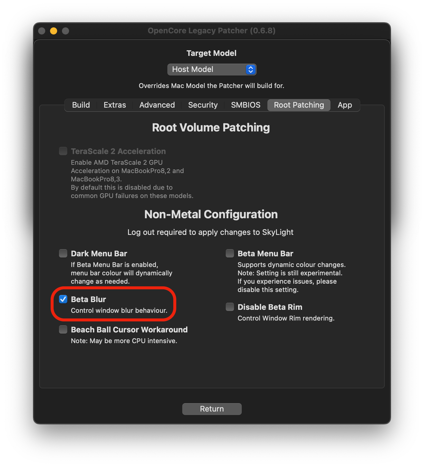 Einstellungen für Beta Blur